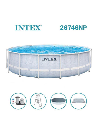 Басейн с метална конструкция, сглобяем, 488x122 см, INTEX 26746NP Chevron Prism Frame, с филтърна помпа, стълба, подложка и покривало