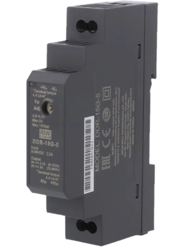 Импулсно захранване за DIN шина DDR-15G-5, 5VDC, 3A, 15W, IP20, MEAN WELL