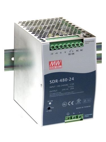 Импулсно захранване за DIN шина SDR-480-24, 24~28/24VDC, 20A, 480W, IP20, MEAN WELL
