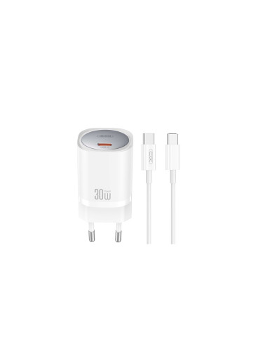 Зарядно устройство комплект XO CE20 PD 30W 1x USB-C +  кабел USB-C - USB-C, Бяло