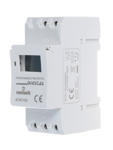 Таймер, ATHC15A, програмируем, седмичен, 230VAC, NO+NC, 16(5, 1.6)A/250VAC, 18 on/off/импулс, обратно броене 1.5 часа.