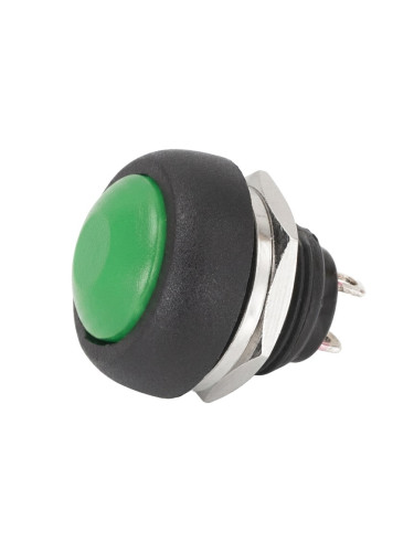 Бутонен превключвател, бутон, OFF-(ON), отвор 12mm, 1A/250VAC, SPST-NO, зелен