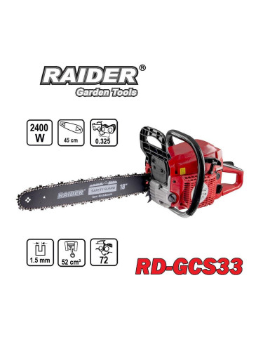 Резачка бензинова RAIDER RD-GCS33, 3.3 конски сили, 45 см шина, 0.325" верига, 52 куб. см