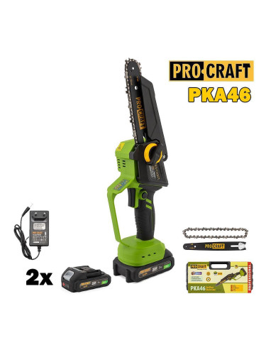 Мини акумулаторна резачка PROCRAFT PKA46, 20V, 2x2Ah, 2 шини 15/20 см, 2 вериги 1/4", безчетков мотор, в куфар