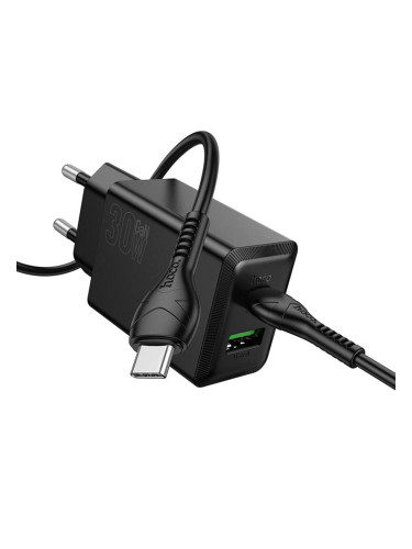 Зарядно устройство комплект HOCO N71 GaN, PD 30W, 3A, 1x USB-C 1x USB-A + кабел USB-C, Черно