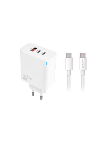 Зарядно устройство комплект Maxlife MXTC-09-65ACC GaN, PD QC 65W, 2x USB-C 1x USB-A + 100W кабел USB-C - USB-C 2м, бяло