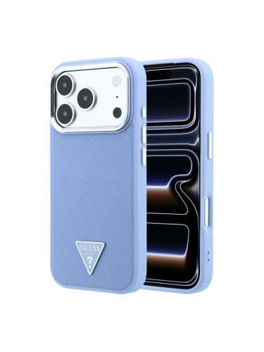 Оригинален кейс Guess Grained Triangle Logo MagSafe, за iPhone 18 Pro Max / 17 Pro Max, светлосин