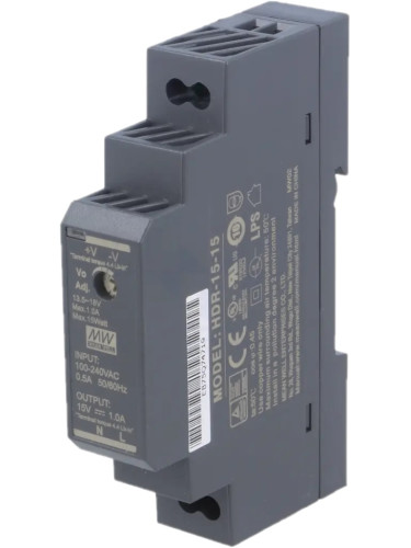 Импулсно захранване за DIN шина HDR-15-15, 13.5~18/15VDC, 1A, 15W, IP20, MEAN WELL
