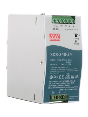 Импулсно захранване за DIN шина SDR-240-24, 24~28/24VDC, 10A, 240W, IP20, MEAN WELL