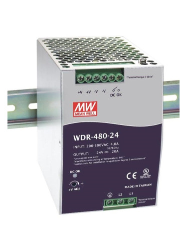 Импулсно захранване за DIN шина WDR-480-24, 24~28/24VDC, 20A, 480W, IP20, MEAN WELL
