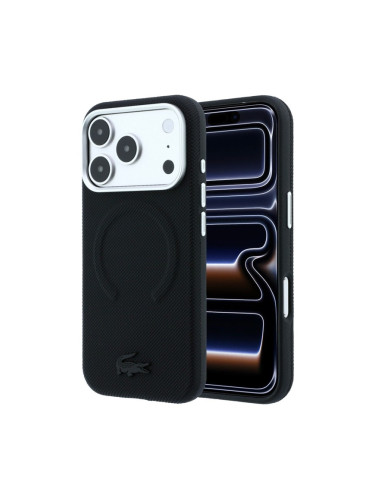 Гръб Lacoste за iPhone 18 Pro / 17 Pro, PVC Petit Pique Embossed MagSafe, Черен