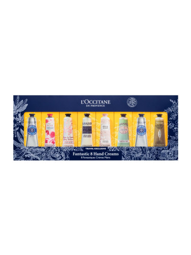 L'Occitane Fantastic 8 Hand Creams Подаръчен комплект крем за ръце Shea Dry Skin 2 x 30 ml + крем за ръце Rose 30 ml + крем за ръце Cherry Blossom 30 ml + крем за ръце Lavender 30 ml + крем за ръце Néroli & Orchid 30 ml + крем за ръце Almond 30 ml + крем за ръце Verveine Cooling Hand Cream Gel 30 ml