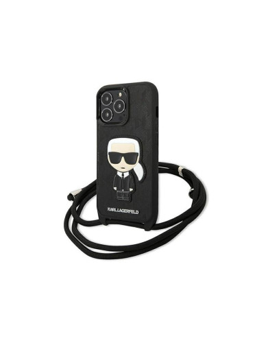 Оригинален кейс Karl Lagerfeld Leather Monogram Patch and Cord Iconik, За iPhone 13 Pro (6.1), Черен