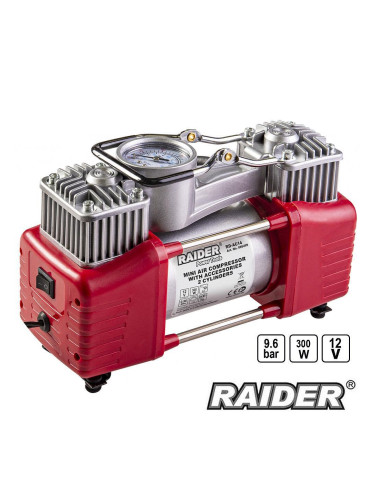 Компресор за гуми, метален, RAIDER RD-AC14, 12V, 300W, 9.6 bar, с аксесоари