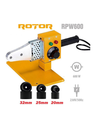 Поялник за полипропиленови (PP) тръби, 600W, с 3 глави (20 мм, 25 мм, 32 мм), ROTOR RPW600, в метална кутия