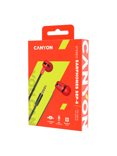 CANYON SEP-4, Stereo earphone with microphone, 1.2m flat cable, Red, 2