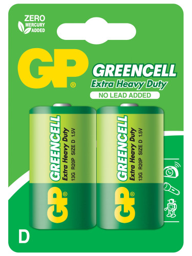 Цинк карбонова батерия GP R20, Greencell 13G-U2, 2 бр. в опаковка, bli
