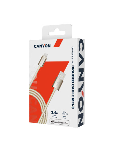 CANYON Charge & Sync MFI braided cable with metalic shell, USB to ligh