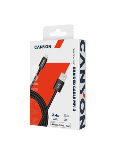 CANYON MFI-3, Charge & Sync MFI braided cable with metalic shell, USB 