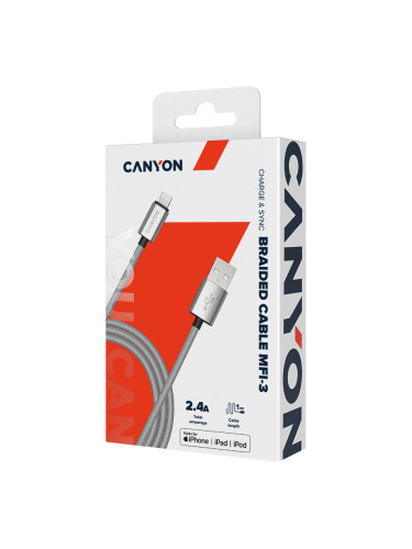 CANYON Charge & Sync MFI braided cable with metalic shell, USB to ligh