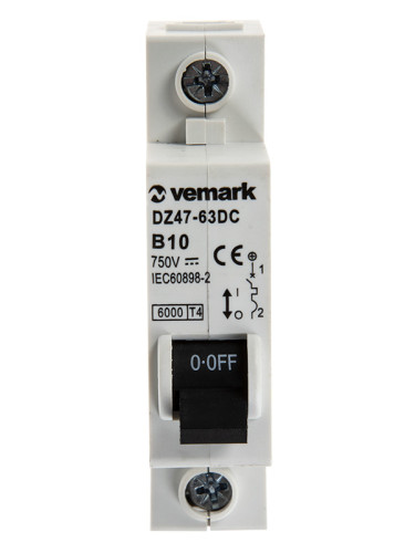 Предпазител, автоматичен, 1P, 10A, B крива, 750VDC, DIN шина, DZ47-63DC, VEMARK