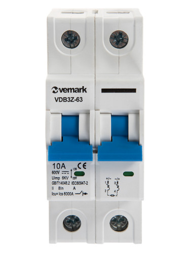 Предпазител, автоматичен, 2P, 10A, C крива, 600VDC, DIN шина, VDB3Z-63, VEMARK