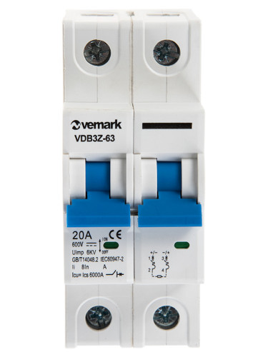 Предпазител, автоматичен, 2P, 20A, C крива, 600VDC, DIN шина, VDB3Z-63, VEMARK