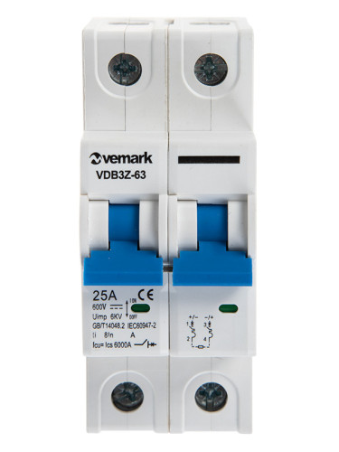 Предпазител, автоматичен, 2P, 25A, C крива, 600VDC, DIN шина, VDB3Z-63, VEMARK