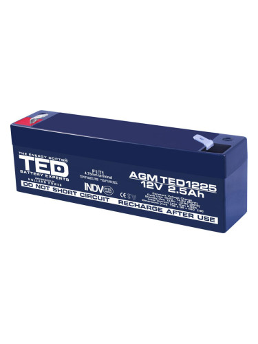 Оловна Батерия TED ELECTRIC 1225, 12V, 2.5Ah, AGM, 177/ 35/ 62 mm