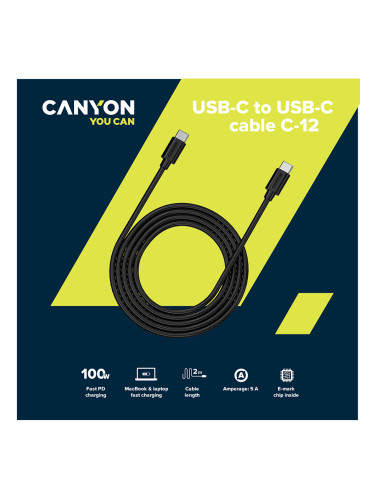 CANYON UC-12, cable 100W, 20V/ 5A, typeC to Type C, 2M with Emark, Pow