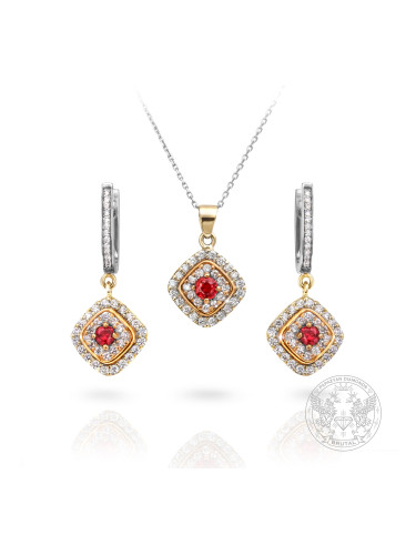 Комплект медальон с обеци с червени сапфири и диаманти