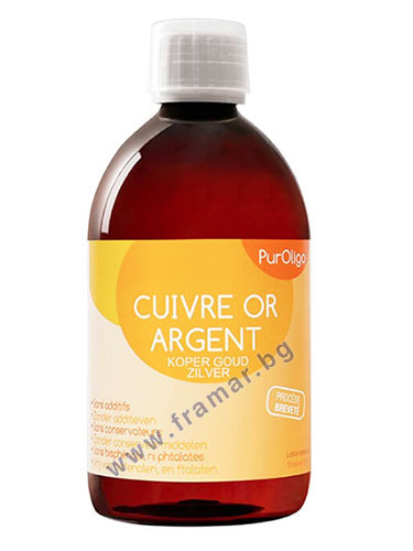 ПЮРОЛИГО КОЛОИДНО ЗЛАТО, СРЕБРО И МЕД йонизиран разтвор 500 мл