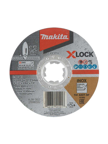 Диск карбофлексов за рязане на метал, INOX, X-LOCK, 115x1.2x22.23мм, Makita E-00387