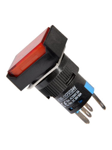 Бутонен превключвател, бутон, ON-ON, отвор ф16, 5A/30VDC, 3A/250VAC, SPDТ, LED, червен