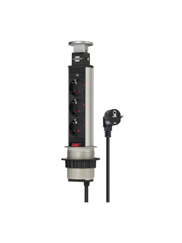 Разклонител за бюро, Tower Power, 3 гнезда, 2m кабел, вертикален, сив/черен, ф60mm, Brennenstuhl 1396200003