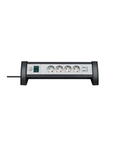 Разклонител за бюро 4 гнезда, 2x USB зарядни порта, 1.8m кабел, черен/сив, Premium-Office-Line, Brennenstuhl, 1156250534