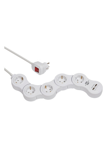 Гъвкав разклонител 5 гнезда, 2 USB зарядни порта, 1.4m кабел, бял, Vario Power, Brennenstuhl 1155350210