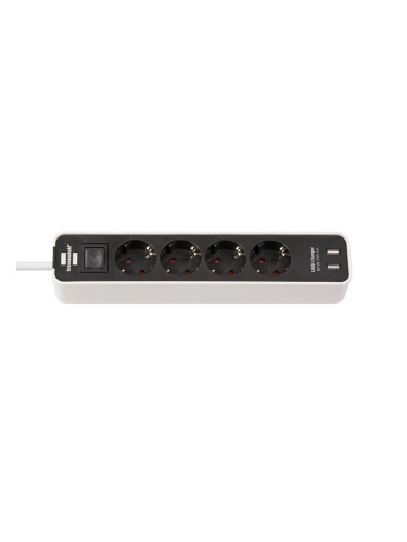 Разклонител 4 гнезда, 2x USB, 1.5m кабел, черен/бял, Ecolor, Brennenstuhl, 1153240026
