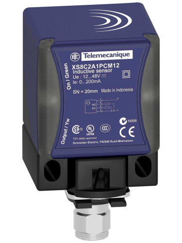 Индуктивен датчик XS8C2A1PCM12, 12~48VDC, PNP, NO+NC, 20mm, 40x40x70mm, екраниран за куплунг