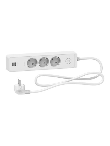Разклонител 3 гнезда, 2xUSB зарядни порта, с ключ, 1.5m кабел, бял, Unica, Schneider, ST943U1W