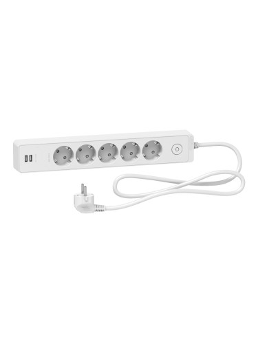 Разклонител 5 гнезда, 2xUSB зарядни порта, с ключ, 1.5m кабел, бял, Unica, Schneider, ST945U1W
