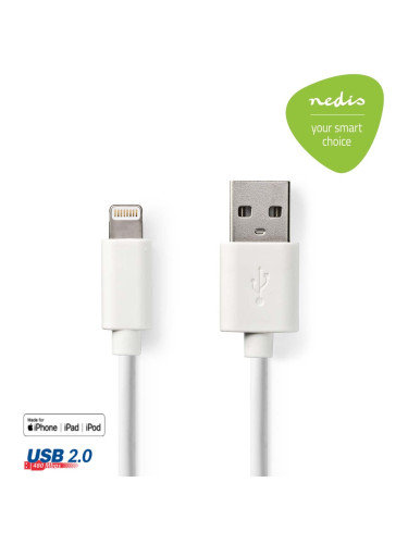 Кабел за телефон Lightning към USB, 2m, бял, NEDIS