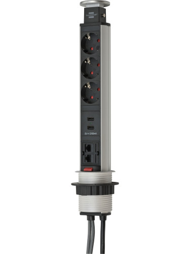 Разклонител за вграждане в плот Tower Power, 3-ка, 2 x USB, 2 x RJ45, 2m кабел, вертикален, сив/черен, Brennenstuhl 1396200023