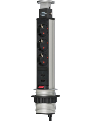 Разклонител за вграждане в плот Tower Power, 3-ка, 2 x USB порта, 2m кабел, вертикален, сив/черен, Brennenstuhl 1396200013