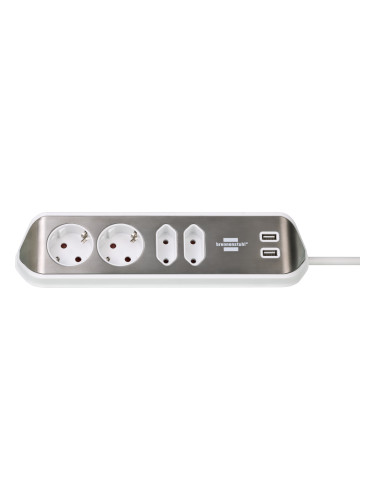 Ъглов разклонител, 4 гнезда, 2xUSB порта, 2m кабел, бял/сребрист, Brennenstuhl, 1153590420
