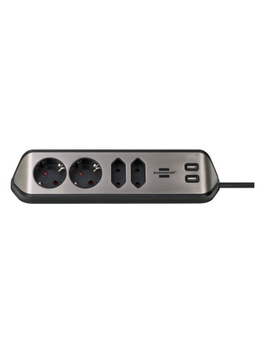 Ъглов разклонител, 4 гнезда, 2xUSB порта, 2m кабел, черен/сребрист, Brennenstuhl, 1153590410
