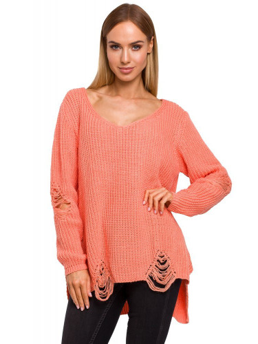 Пуловер с V-образно деколте в цвят корал M473