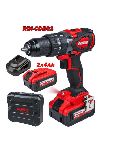 Винтоверт акумулаторен, ударен, RAIDER RDI-CDB01, 20V, 2x4Ah, 62Nm, безчетков мотор