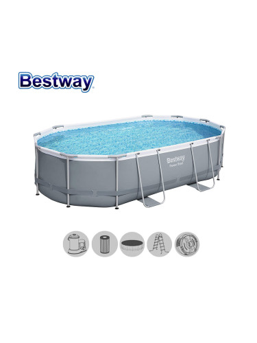 Басейн с метална конструкция 488x305x107см, Bestway 56448 Power Steel, сглобяем, к-т с филтър, стълба, покривало и диспенсър, 10949 л.