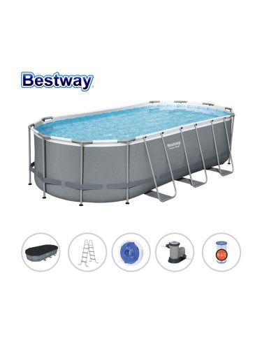 Басейн с метална конструкция, сглобяем, овален, 549x274x122см, Bestway 56710 Power Steel, с филтър, стълба, покривало и диспенсър
